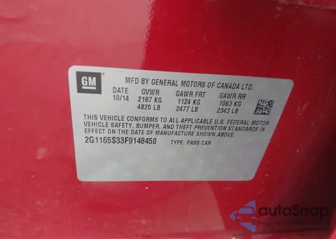 2015 Chevrolet Impala 2Lz from USA, damaged, VIN 2G1165S33F9148450